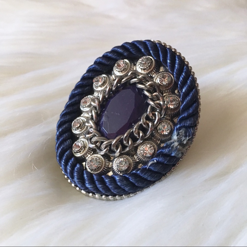 Statement Ring Blue Faux Stone Rope & Rhinestones - Picture 5 of 7